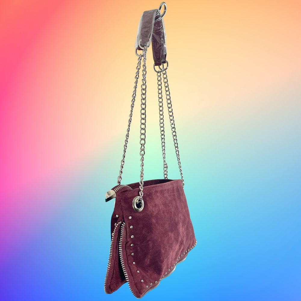 Burgundy Faux Suede Zip Close Crossbody Studded Detail NWOT - Picture 2 of 8